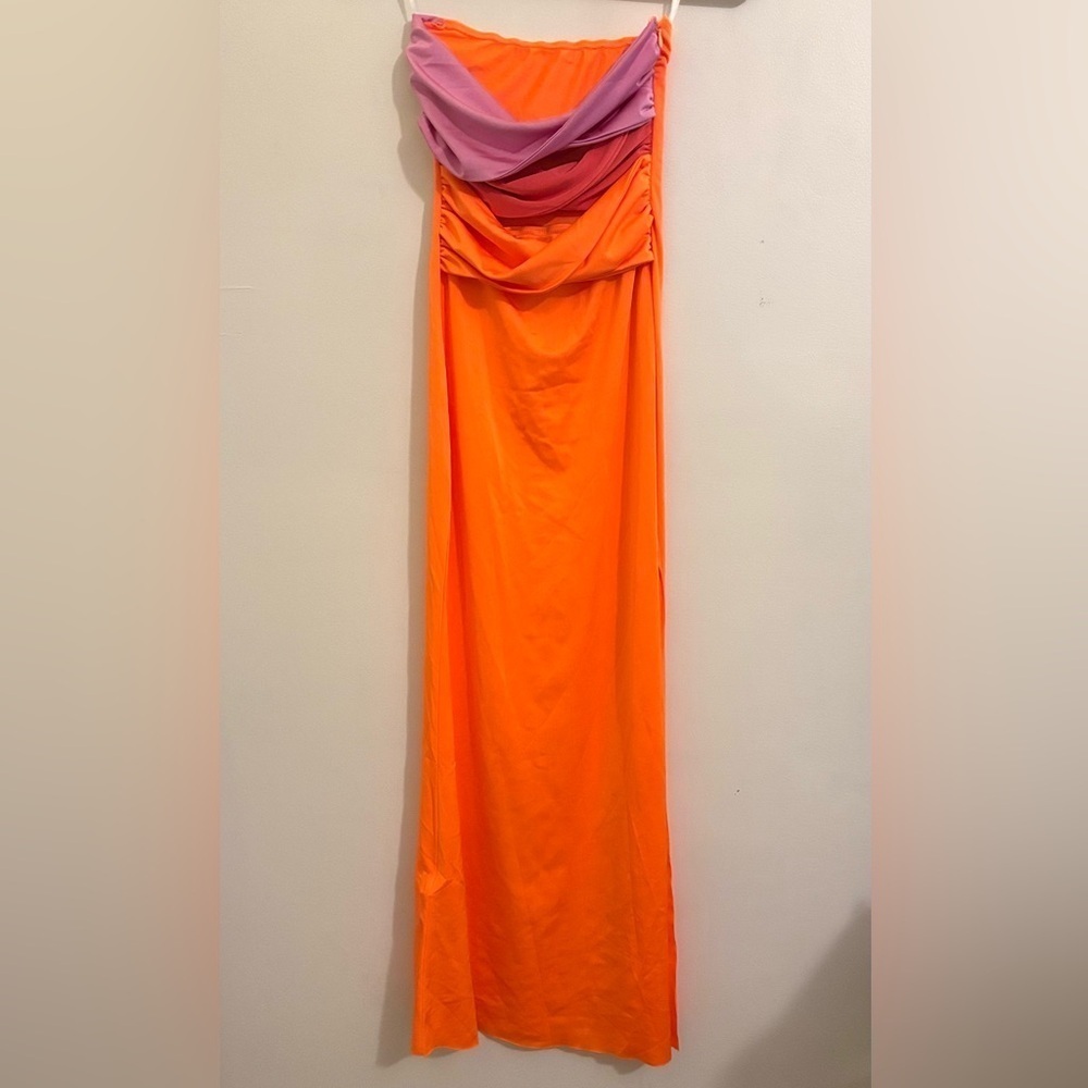NWT Commense Bright Pink Orange Colorblock Cut Out Tube Top Mermaid Dress resort - Picture 5 of 8